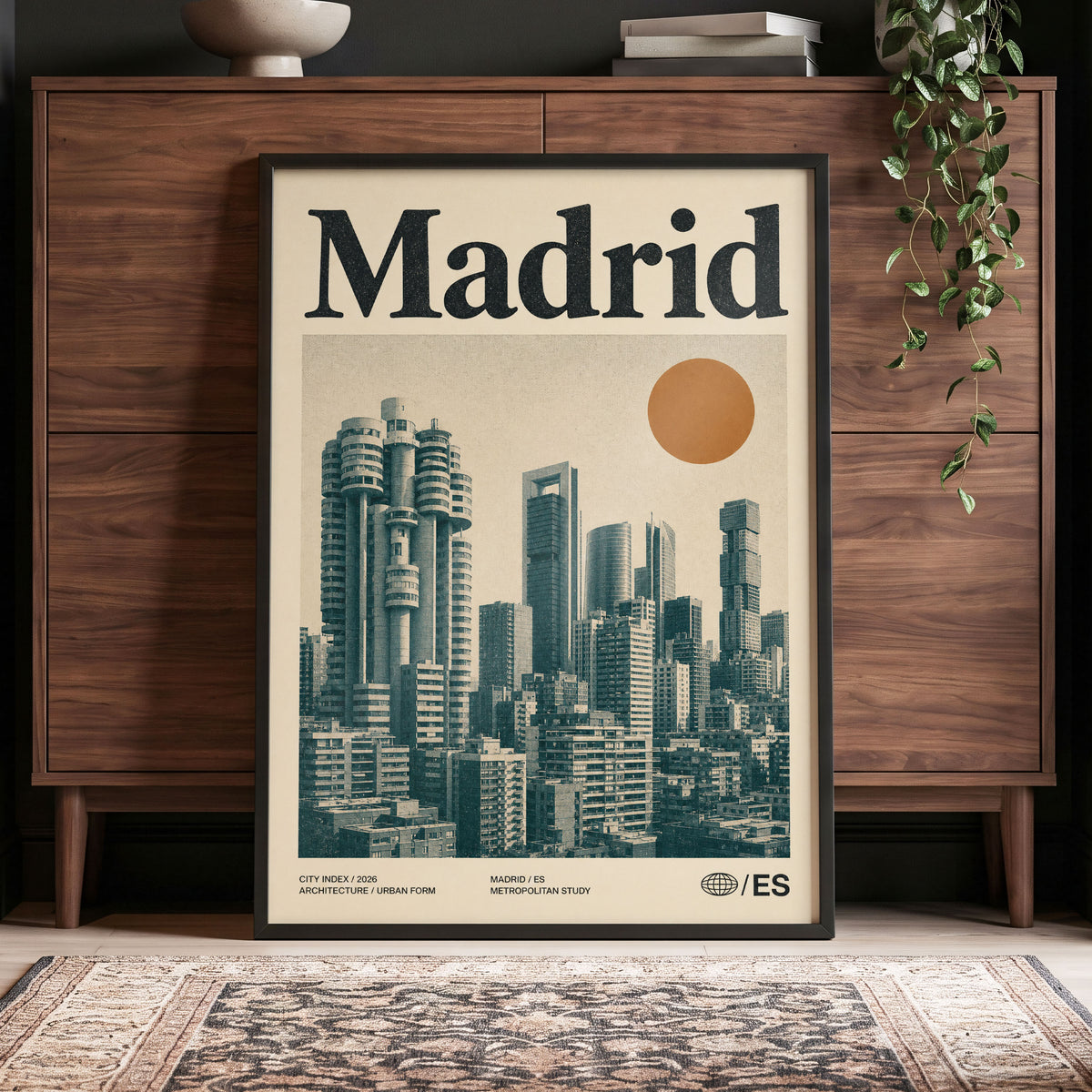 Madrid Metropolis, beige, green, orange minimalist wall art displayed in a styled interior, gallery view 4