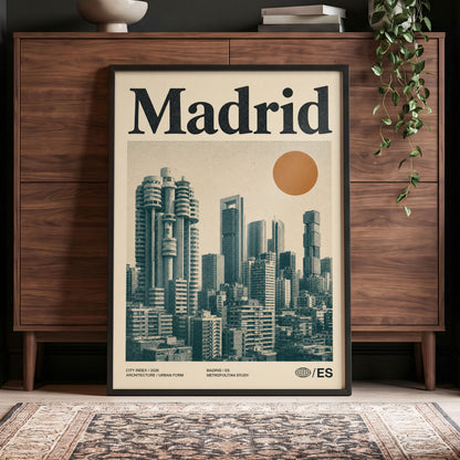 Madrid Metropolis, beige, green, orange minimalist wall art displayed in a styled interior, gallery view 4