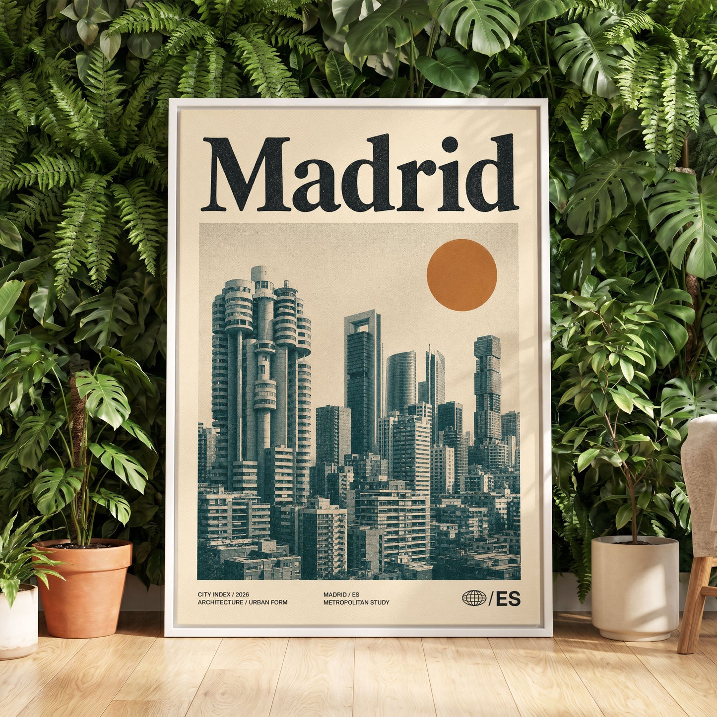 Madrid Metropolis, beige, green, orange minimalist wall art displayed in a styled interior, gallery view 5
