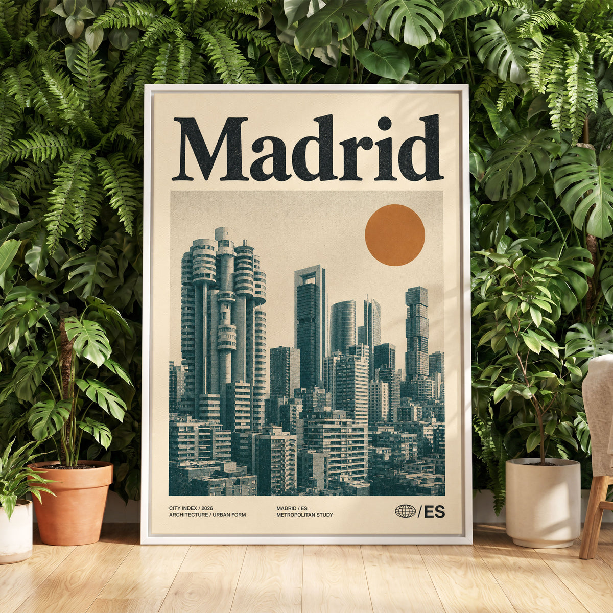 Madrid Metropolis, beige, green, orange minimalist wall art displayed in a styled interior, gallery view 5