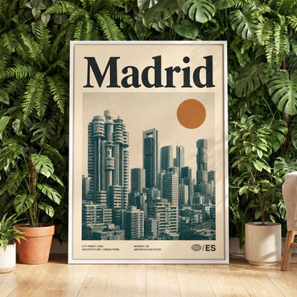 Madrid Metropolis, beige, green, orange minimalist wall art displayed in a styled interior, gallery view 5