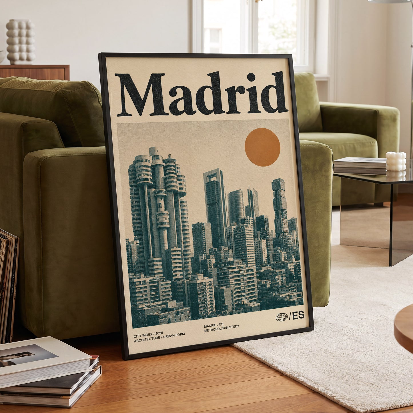 Madrid Metropolis, beige, green, orange minimalist wall art displayed in a styled interior, gallery view 6