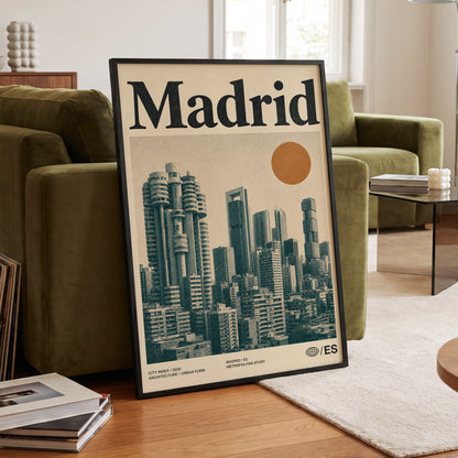 Madrid Metropolis, beige, green, orange minimalist wall art displayed in a styled interior, gallery view 6