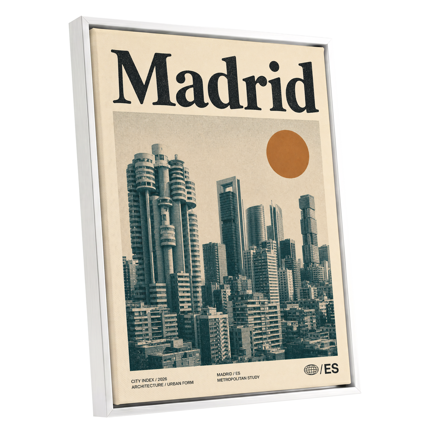 Madrid Metropolis, beige, green, orange minimalist wall art shown as a white framed canvas wall art