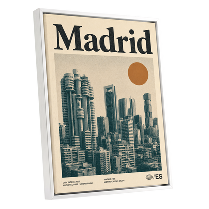 Madrid Metropolis, beige, green, orange minimalist wall art shown as a white framed canvas wall art