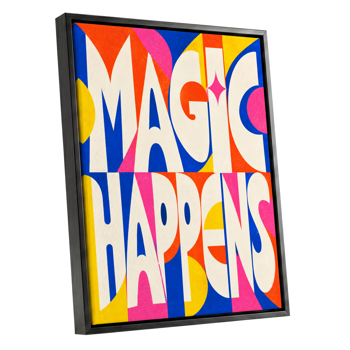 Magic in Full Colour, beige, blue, orange abstract wall art shown as a black framed canvas wall art