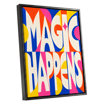 Magic in Full Colour, beige, blue, orange abstract wall art shown as a black framed canvas wall art