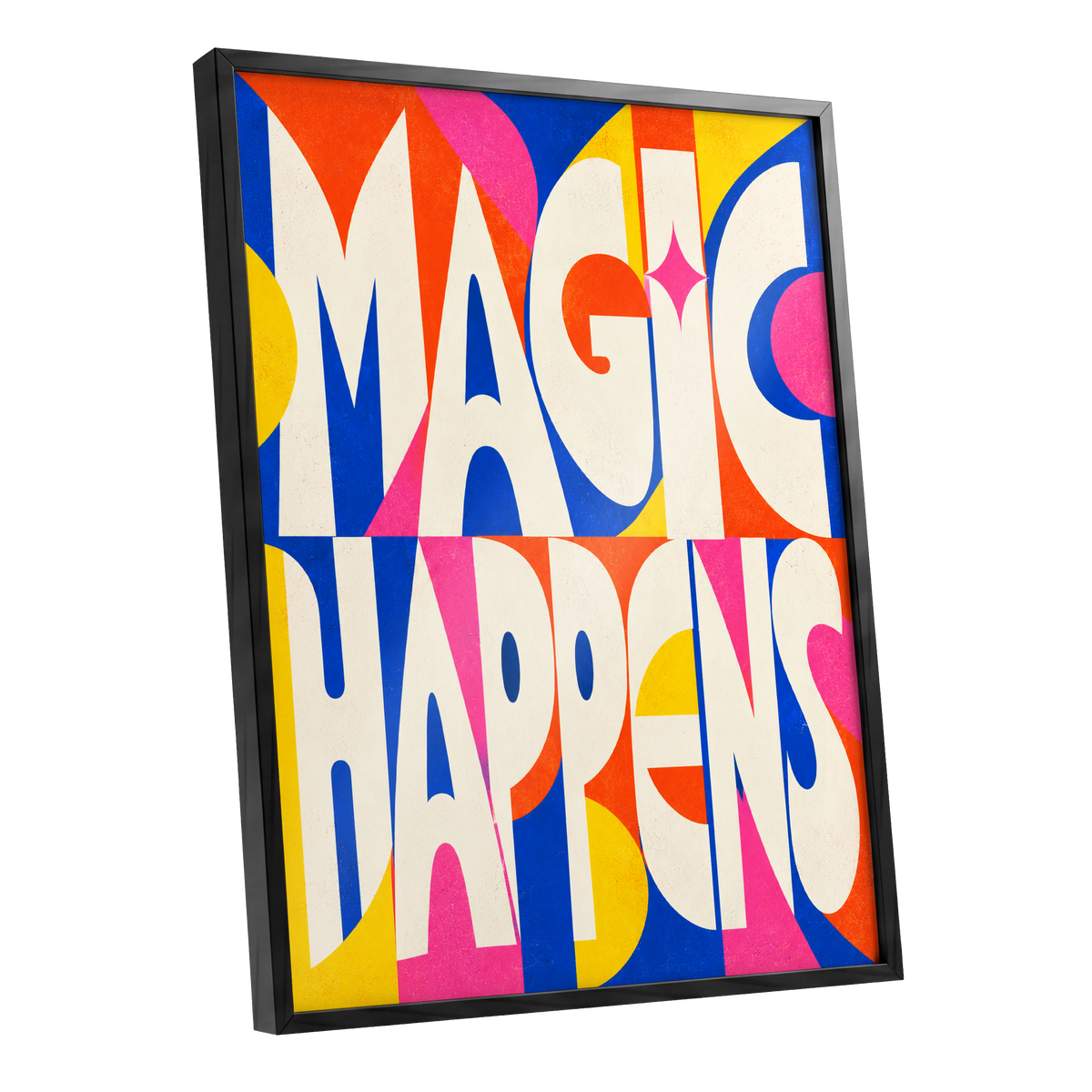 Magic in Full Colour, beige, blue, orange abstract wall art shown as a black framed poster wall art print