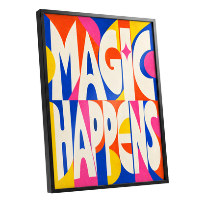 Magic in Full Colour, beige, blue, orange abstract wall art shown as a black framed poster wall art print