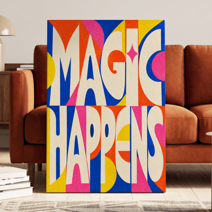 Magic in Full Colour, beige, blue, orange abstract wall art on canvas displayed in a styled interior, gallery view 1