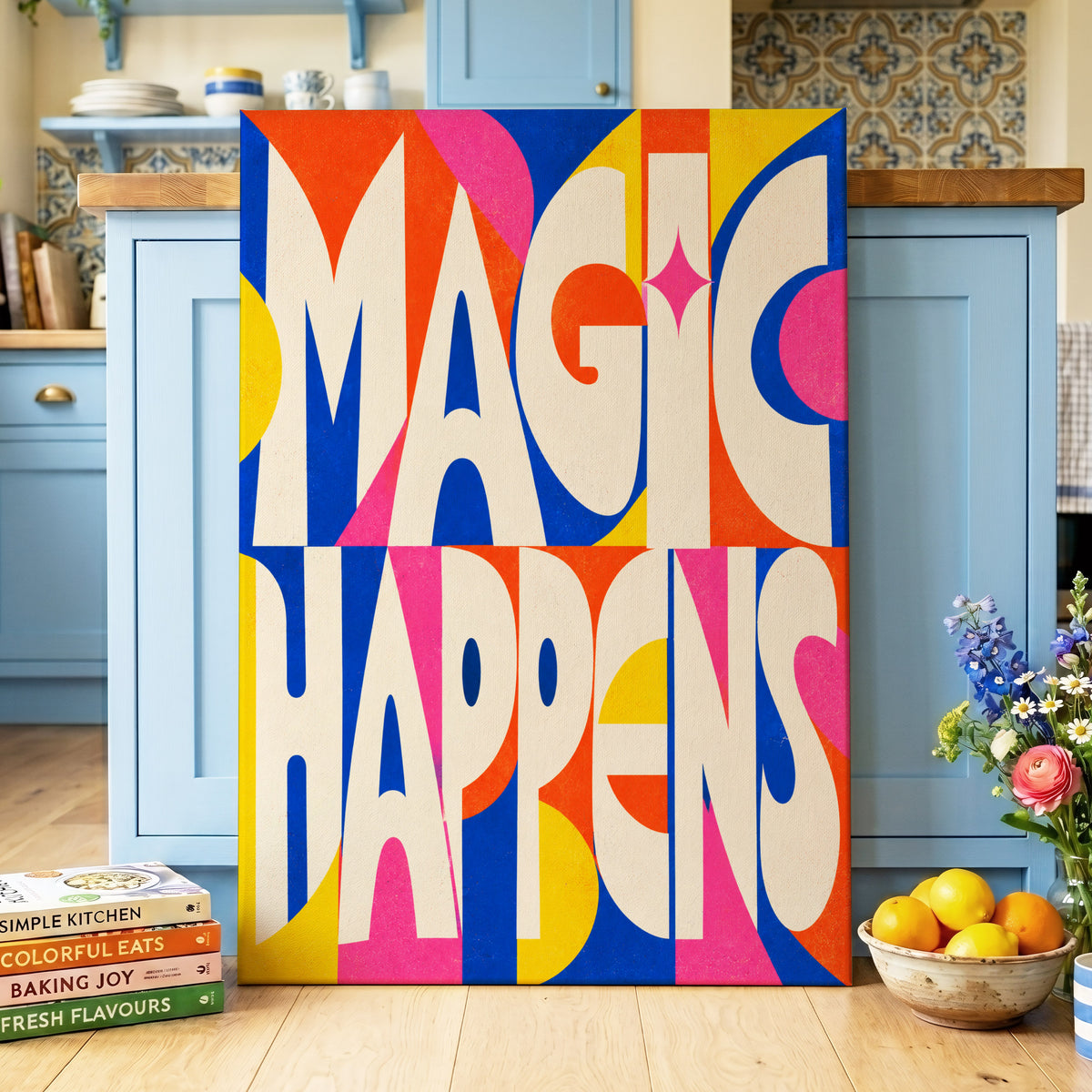 Magic in Full Colour, beige, blue, orange abstract wall art on canvas displayed in a styled interior, gallery view 2