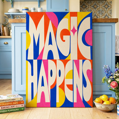 Magic in Full Colour, beige, blue, orange abstract wall art on canvas displayed in a styled interior, gallery view 2