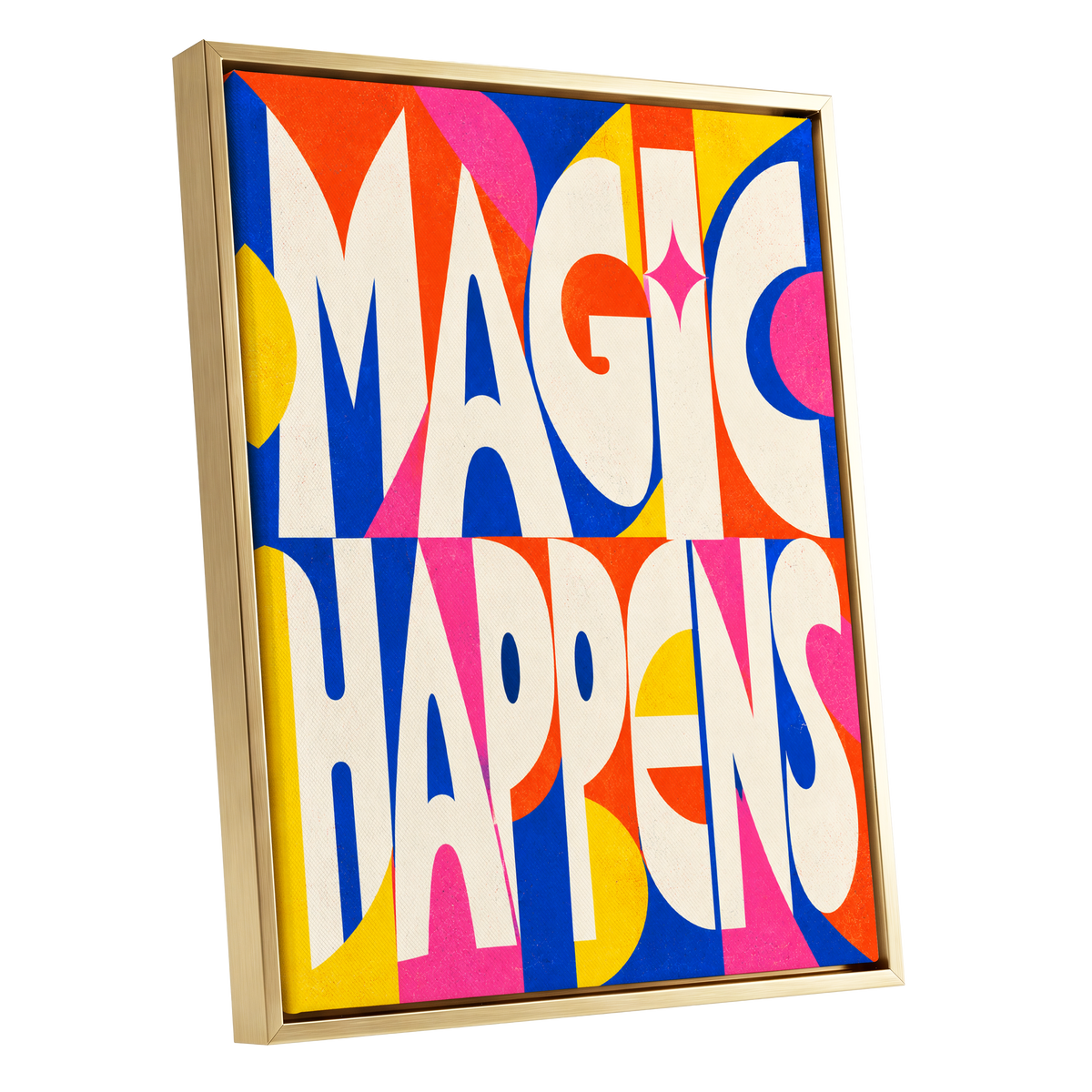 Magic in Full Colour, beige, blue, orange abstract wall art shown as a gold framed canvas wall art