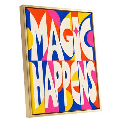 Magic in Full Colour, beige, blue, orange abstract wall art shown as a gold framed canvas wall art