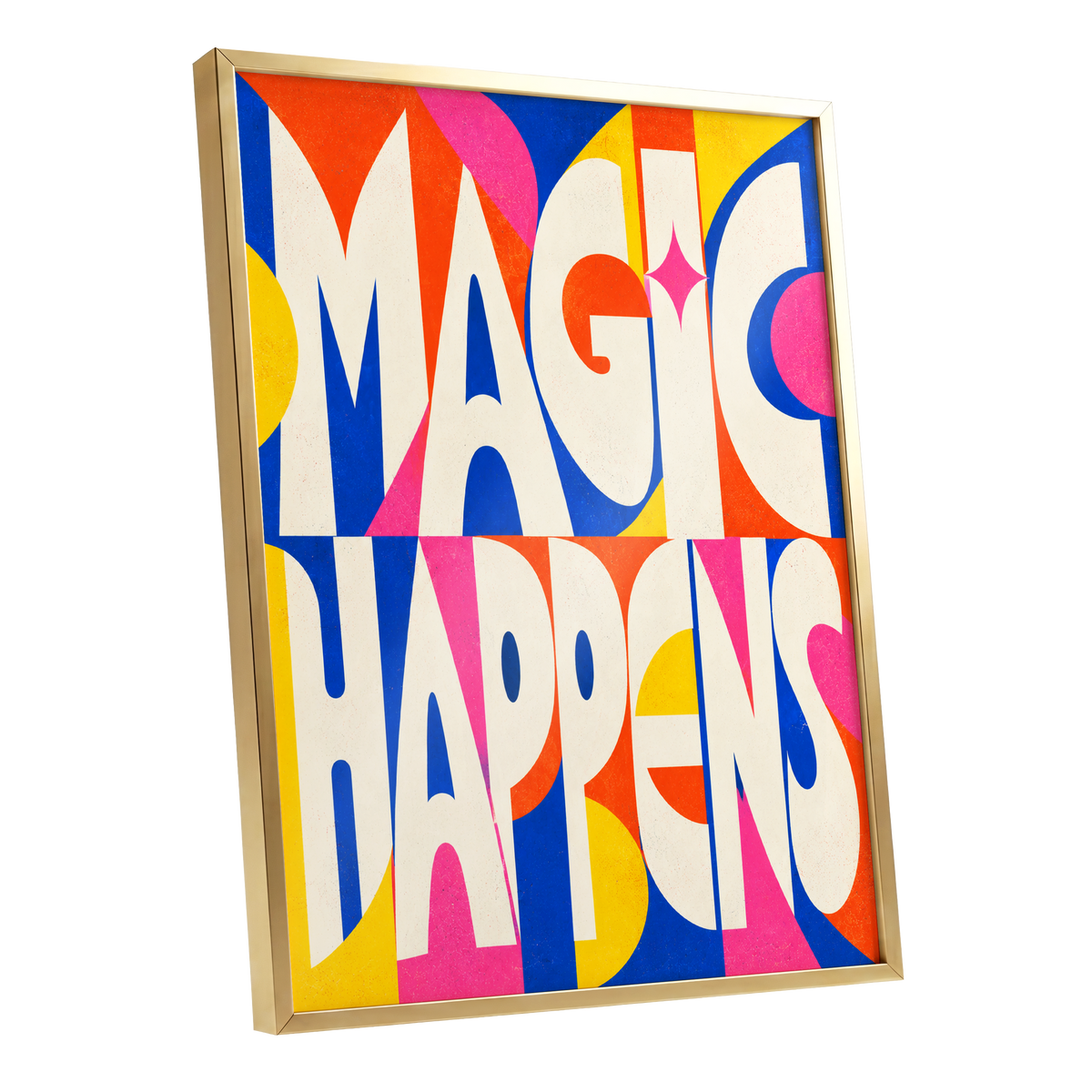 Magic in Full Colour, beige, blue, orange abstract wall art shown as a gold framed poster wall art print
