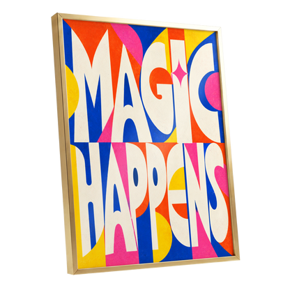 Magic in Full Colour, beige, blue, orange abstract wall art shown as a gold framed poster wall art print