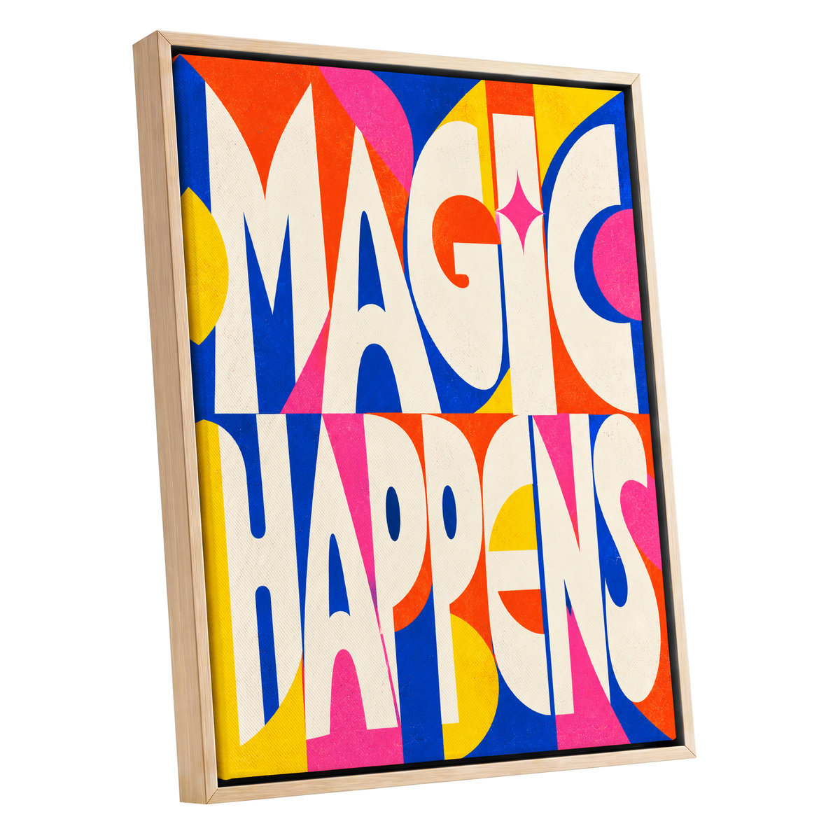Magic in Full Colour, beige, blue, orange abstract wall art shown as a oak framed canvas wall art