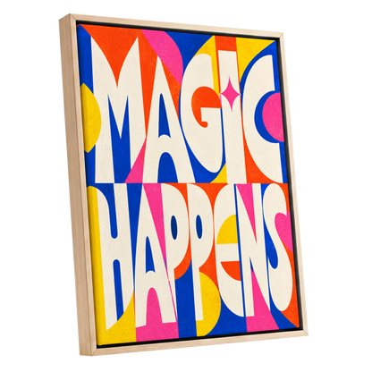 Magic in Full Colour, beige, blue, orange abstract wall art shown as a oak framed canvas wall art