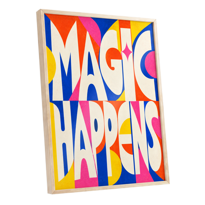 Magic in Full Colour, beige, blue, orange abstract wall art shown as a oak framed poster wall art print