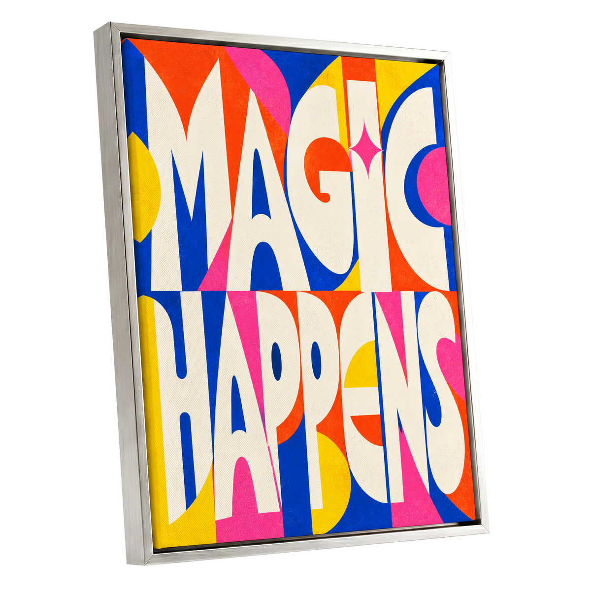 Magic in Full Colour, beige, blue, orange abstract wall art shown as a silver framed canvas wall art