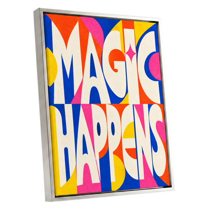 Magic in Full Colour, beige, blue, orange abstract wall art shown as a silver framed canvas wall art