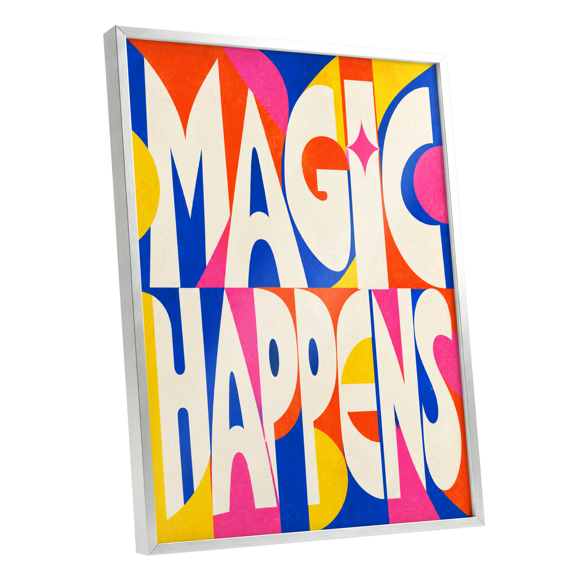 Magic in Full Colour, beige, blue, orange abstract wall art shown as a silver framed poster wall art print