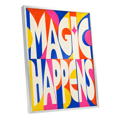 Magic in Full Colour, beige, blue, orange abstract wall art shown as a silver framed poster wall art print