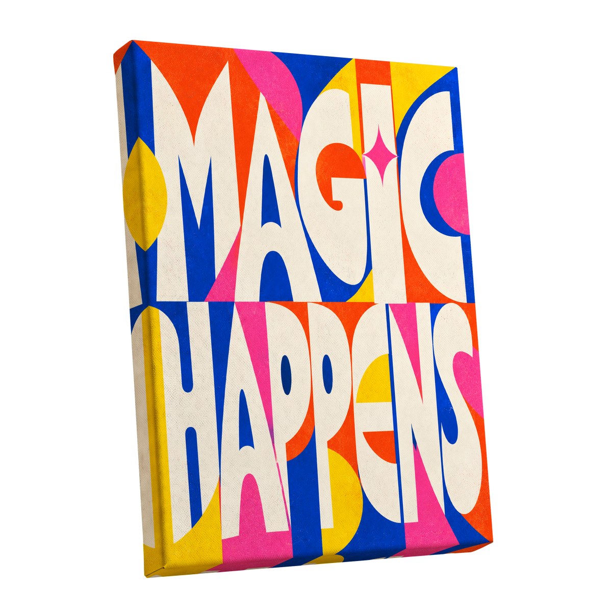 Magic in Full Colour, beige, blue, orange abstract wall art shown as a stretched canvas wall art
