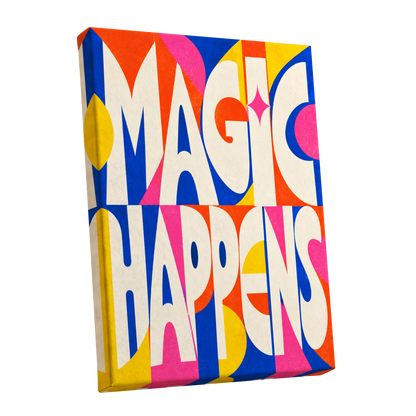 Magic in Full Colour, beige, blue, orange abstract wall art shown as a stretched canvas wall art
