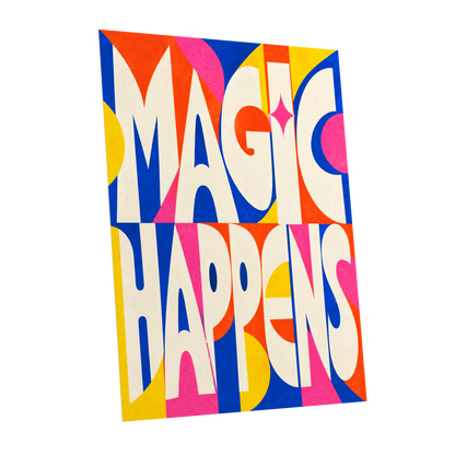 Magic in Full Colour, beige, blue, orange abstract wall art shown as a unframed poster wall art print
