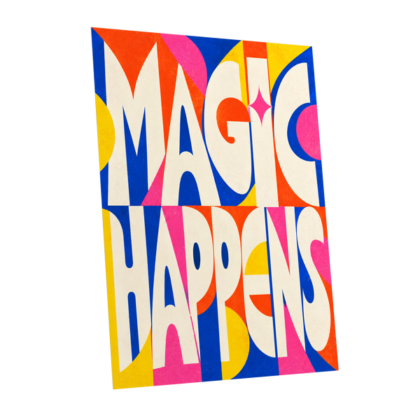 Magic in Full Colour, beige, blue, orange abstract wall art shown as a unframed poster wall art print