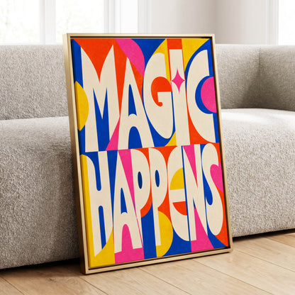 Magic in Full Colour, beige, blue, orange abstract wall art displayed in a styled interior, gallery view 1