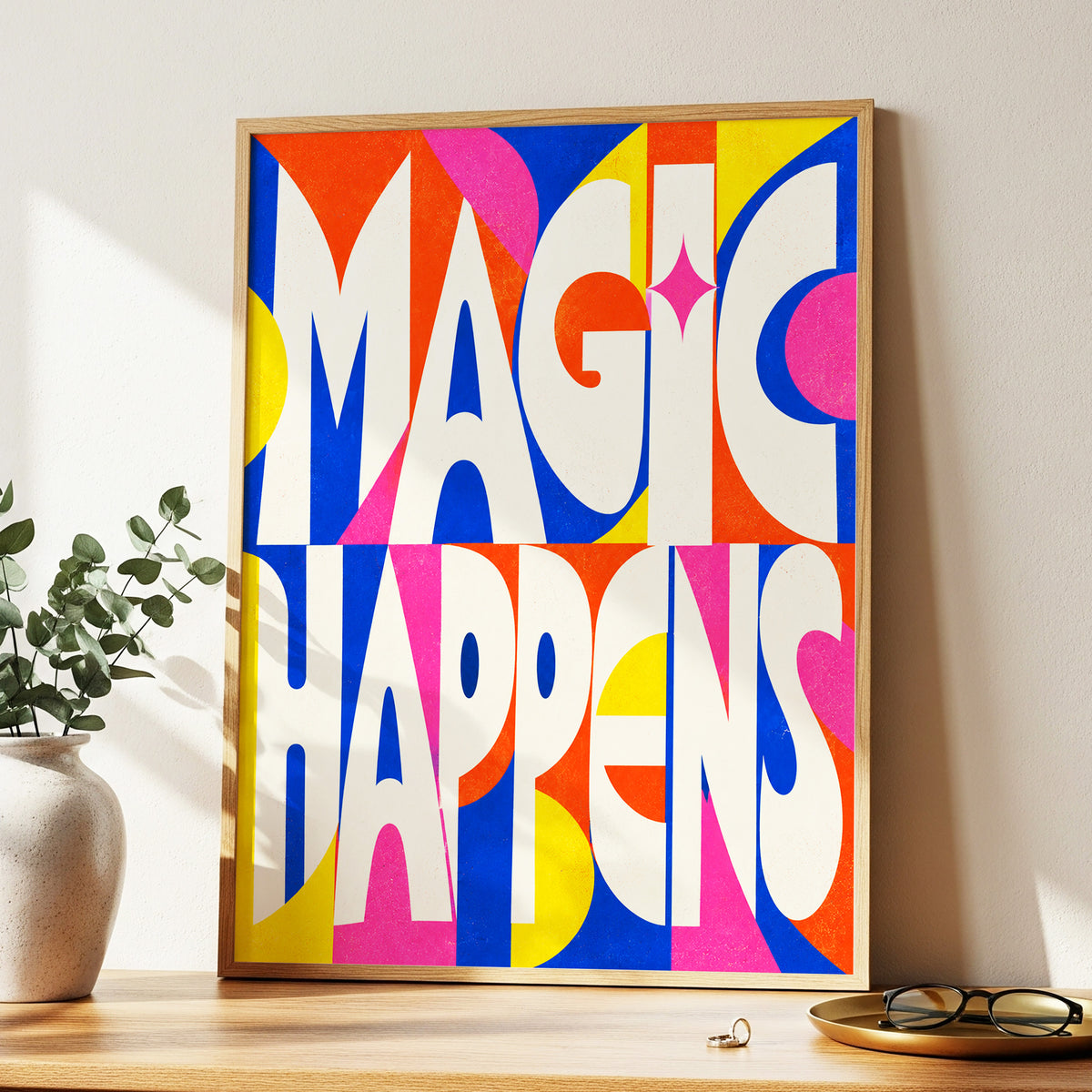 Magic in Full Colour, beige, blue, orange abstract wall art displayed in a styled interior, gallery view 2