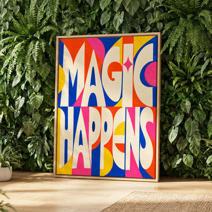 Magic in Full Colour, beige, blue, orange abstract wall art displayed in a styled interior, gallery view 3
