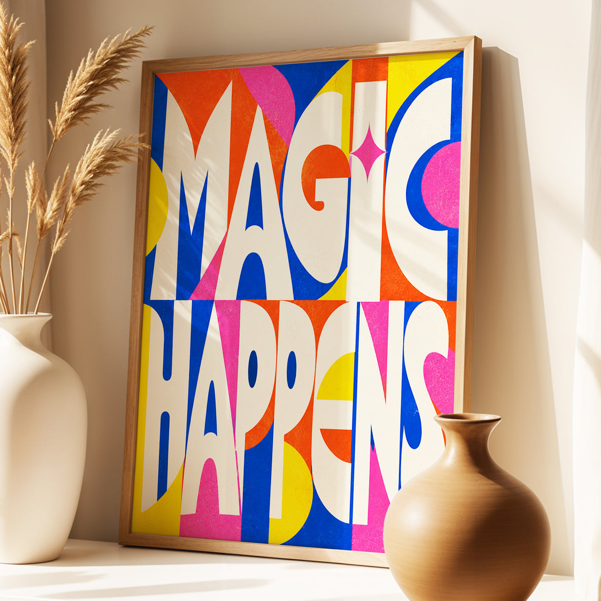 Magic in Full Colour, beige, blue, orange abstract wall art displayed in a styled interior, gallery view 4