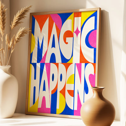 Magic in Full Colour, beige, blue, orange abstract wall art displayed in a styled interior, gallery view 4