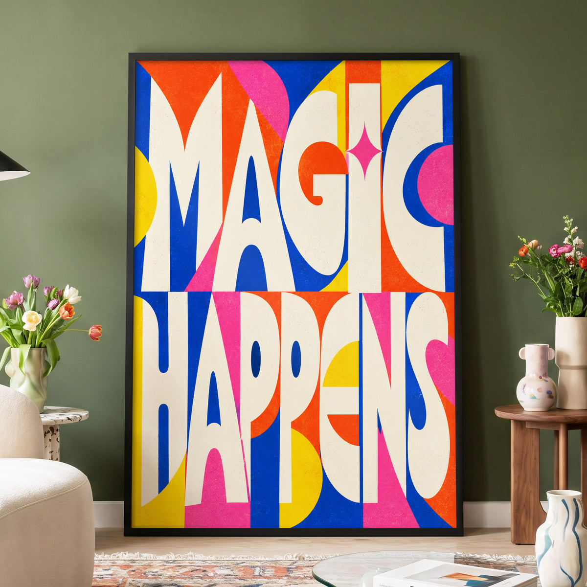 Magic in Full Colour, beige, blue, orange abstract wall art displayed in a styled interior, gallery view 6