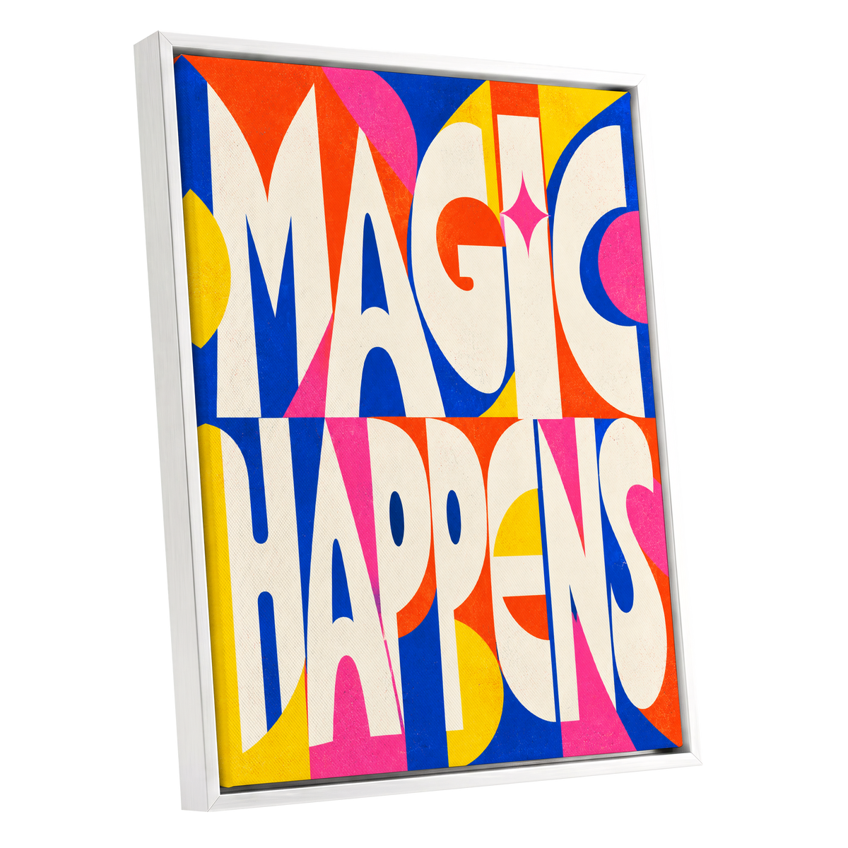 Magic in Full Colour, beige, blue, orange abstract wall art shown as a white framed canvas wall art