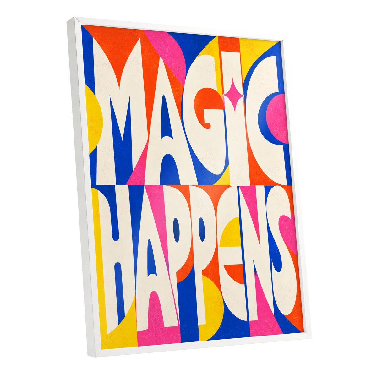 Magic in Full Colour, beige, blue, orange abstract wall art shown as a white framed poster wall art print