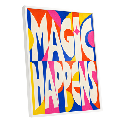 Magic in Full Colour, beige, blue, orange abstract wall art shown as a white framed poster wall art print