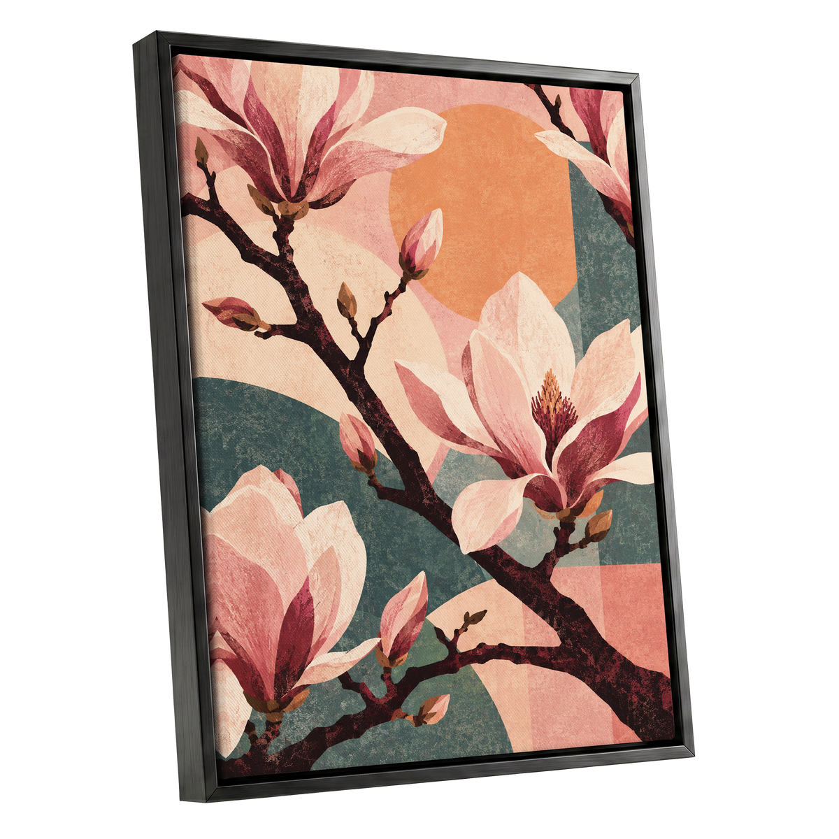 Magnolia Colourplay, pink, beige, green floral wall art shown as a black framed canvas wall art