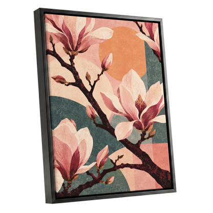Magnolia Colourplay, pink, beige, green floral wall art shown as a black framed canvas wall art