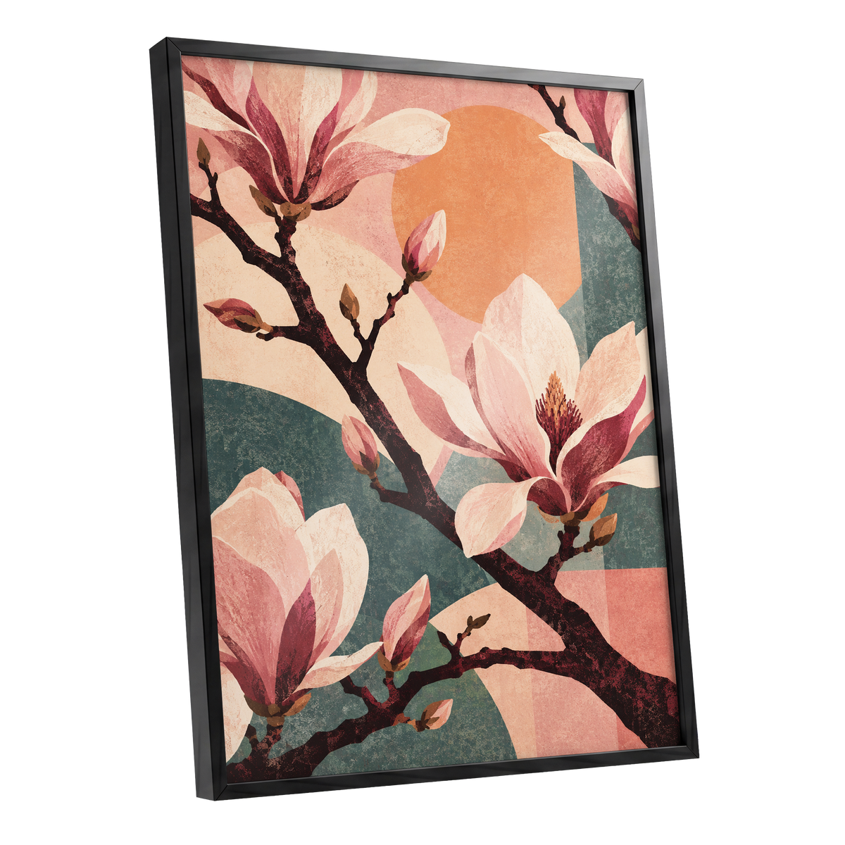 Magnolia Colourplay, pink, beige, green floral wall art shown as a black framed poster wall art print