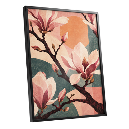 Magnolia Colourplay, pink, beige, green floral wall art shown as a black framed poster wall art print