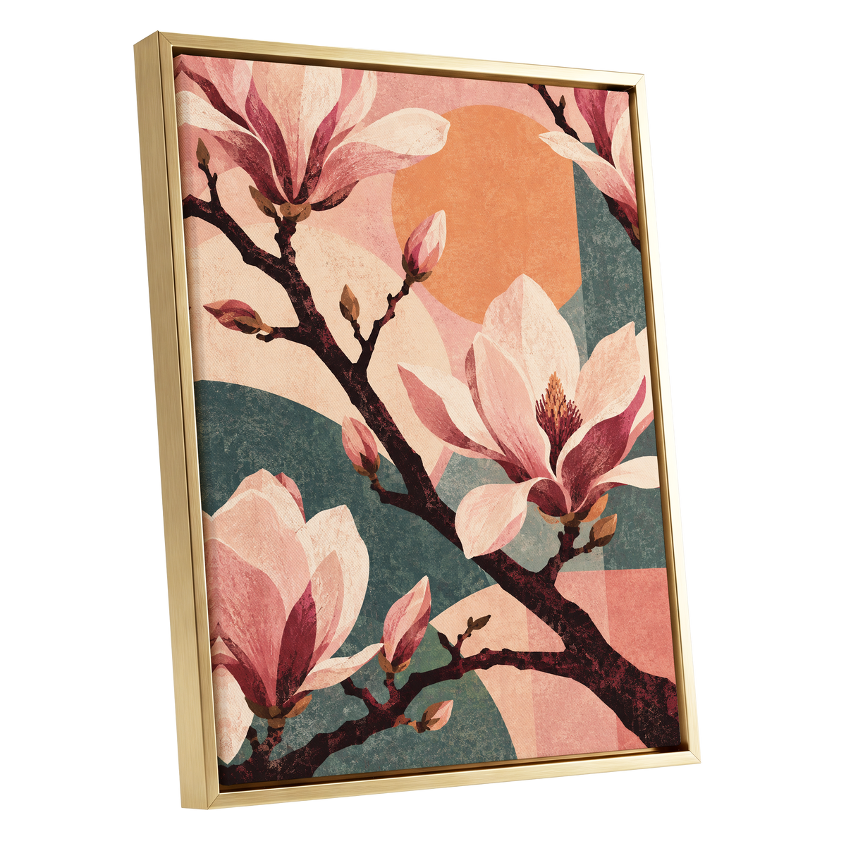 Magnolia Colourplay, pink, beige, green floral wall art shown as a gold framed canvas wall art