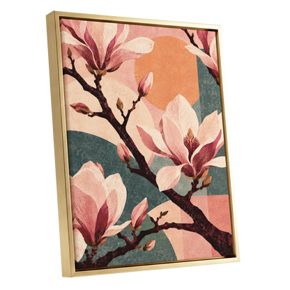 Magnolia Colourplay, pink, beige, green floral wall art shown as a gold framed canvas wall art