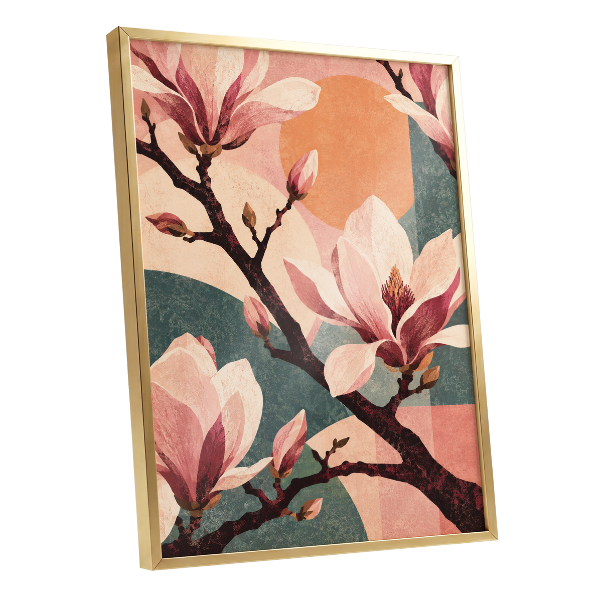 Magnolia Colourplay, pink, beige, green floral wall art shown as a gold framed poster wall art print