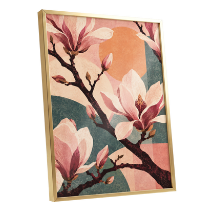 Magnolia Colourplay, pink, beige, green floral wall art shown as a gold framed poster wall art print