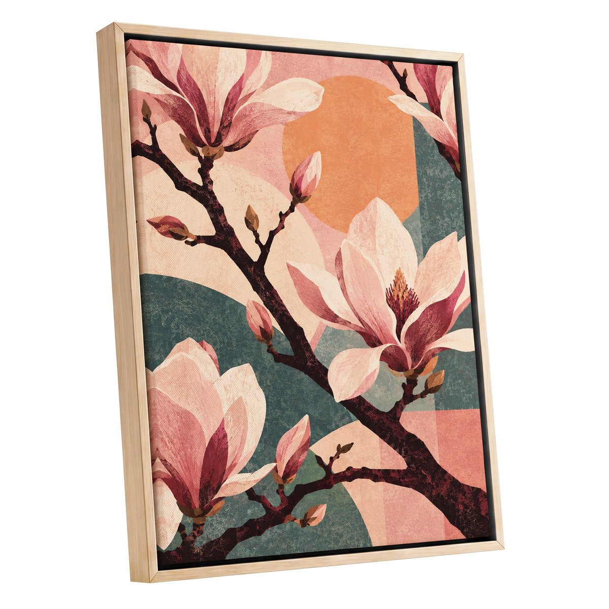 Magnolia Colourplay, pink, beige, green floral wall art shown as a oak framed canvas wall art