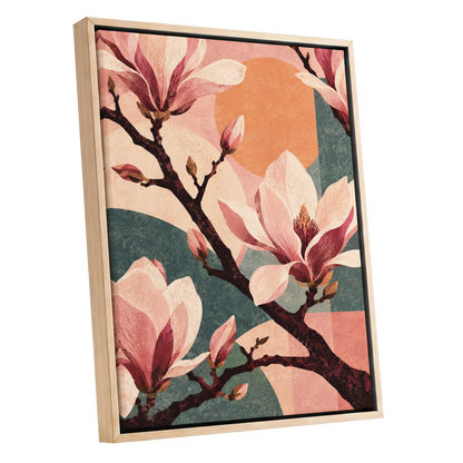 Magnolia Colourplay, pink, beige, green floral wall art shown as a oak framed canvas wall art